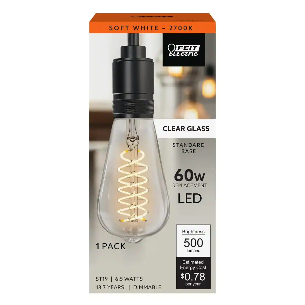 Feit Electric 60-Watt Equivalent ST19 Dimmable Spiral Filament Clear Glass E26 Vintage Edison LED Light Bulb, Soft White
