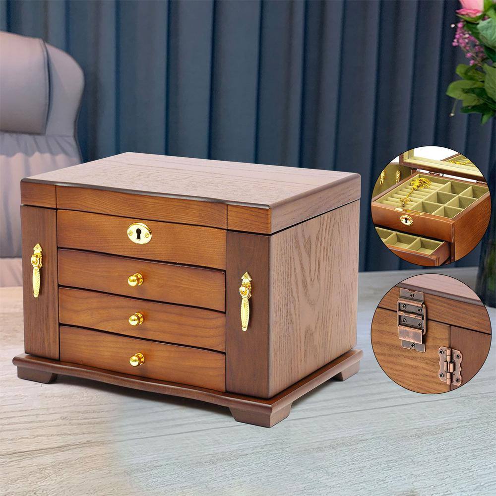 None 4-Drawer Wooden Jewelry Box with Mirror and Lock