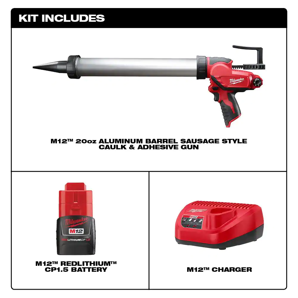 Milwaukee M12 12V Lithium-ion Cordless 20 oz. Aluminum Barrel Adhesive and Caulk Gun Kit with (1) 1.5Ah Battery & Charger