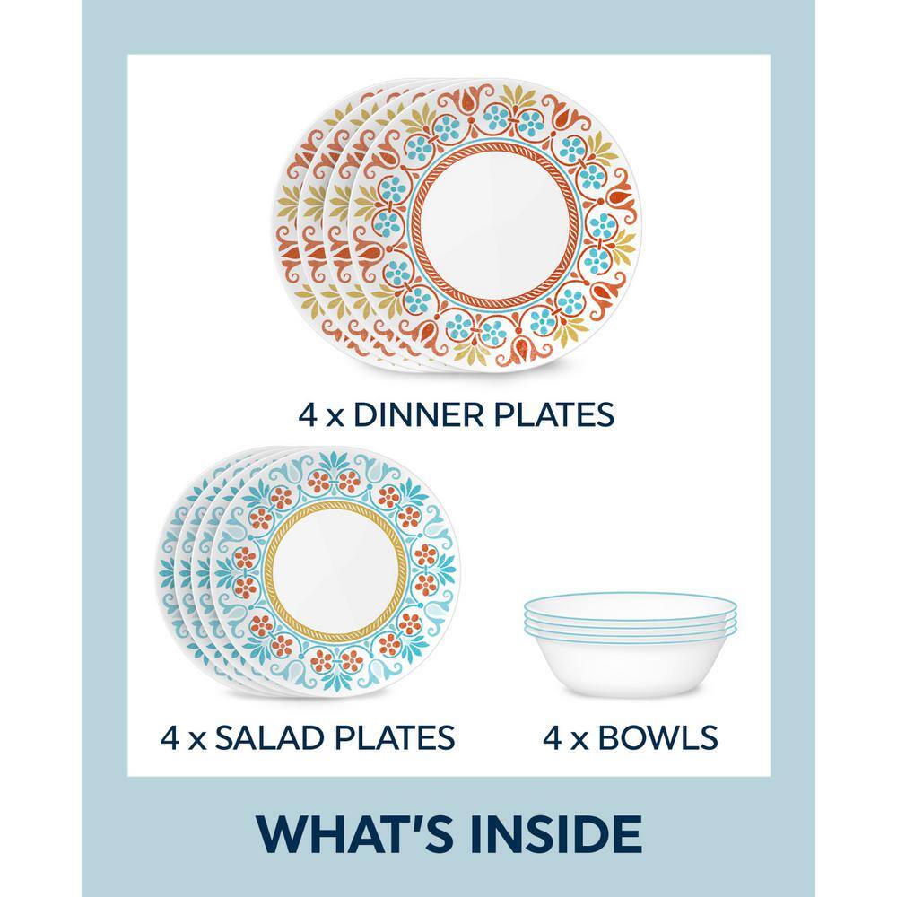 Corelle Global Collection Terracotta Dreams 12-piece Glass Dinnerware Set, Service for 4, Multi-Colored
