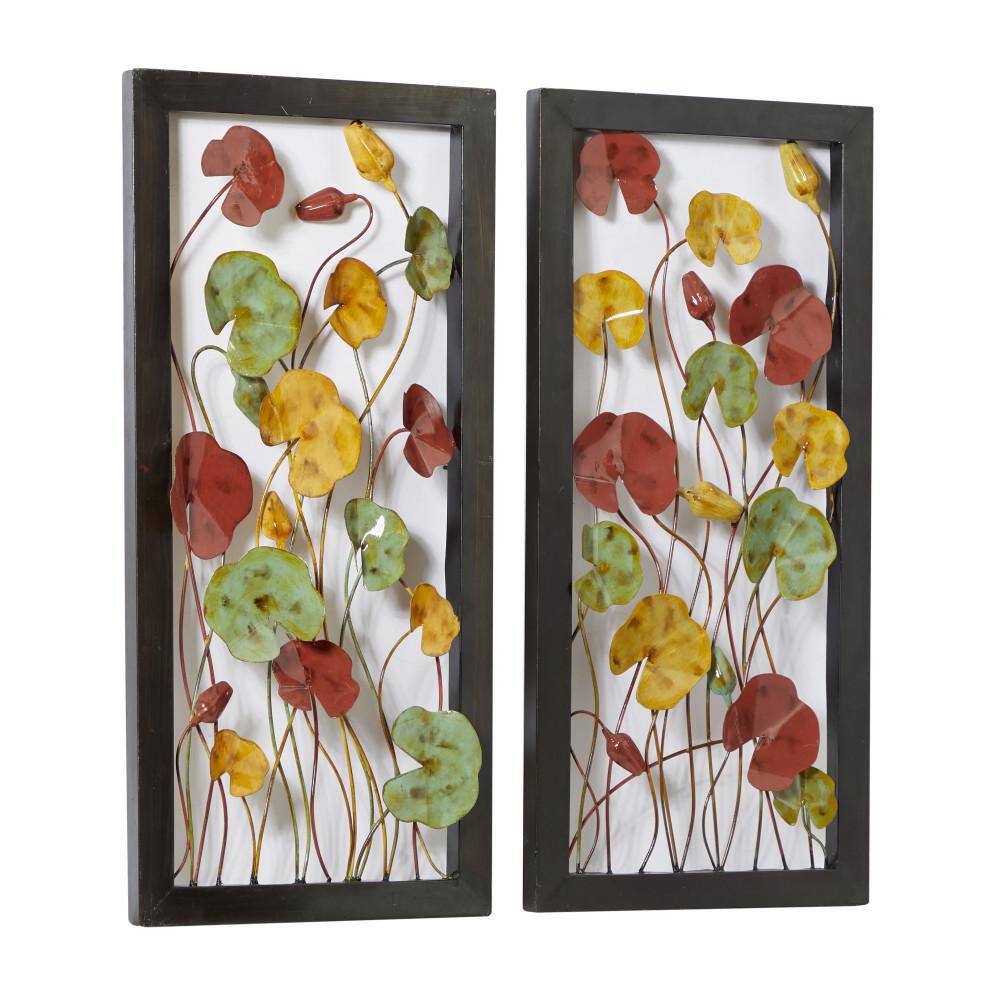 Litton Lane Metal Multi Colored Floral Wall Decor with Black Frame (Set of 2)