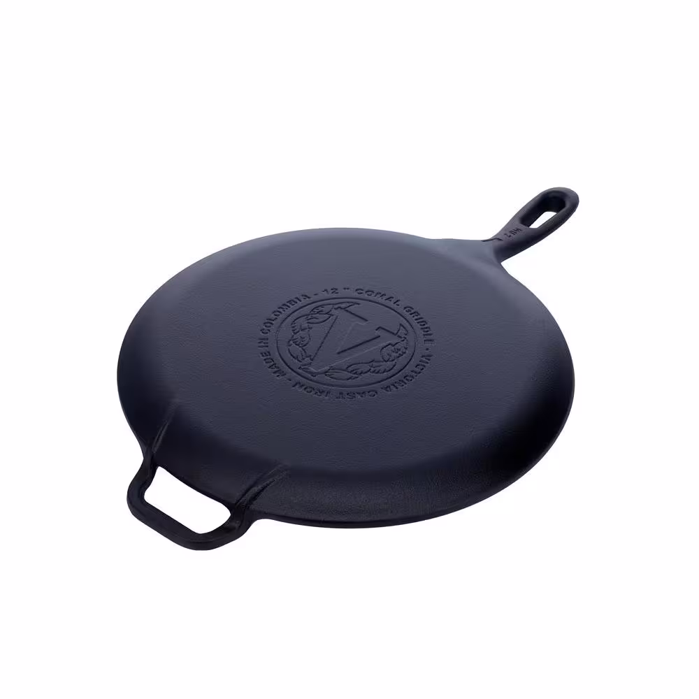 Victoria 12 in. Black Cast Iron Comal Skillet with Long Handle and Helper Handle, Seasoned