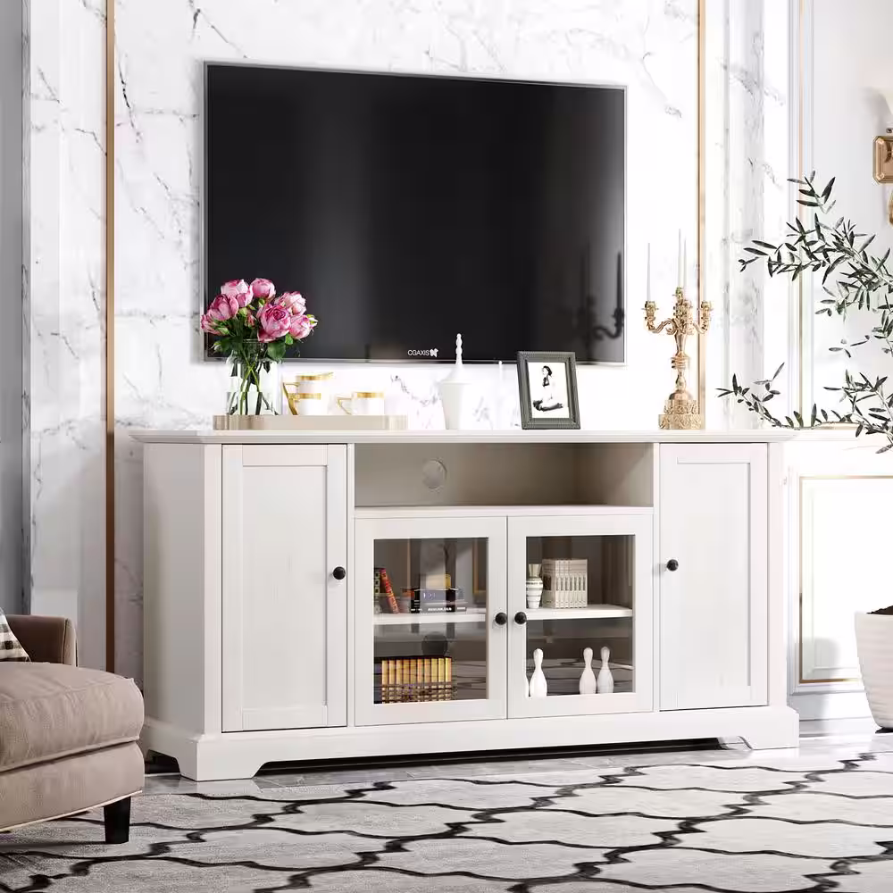 None 59.80 in. W White TV Stand Fits TV up to 65 in. with 2 Tempered Glass Doors Adjustable Panels Open Style Cabinet