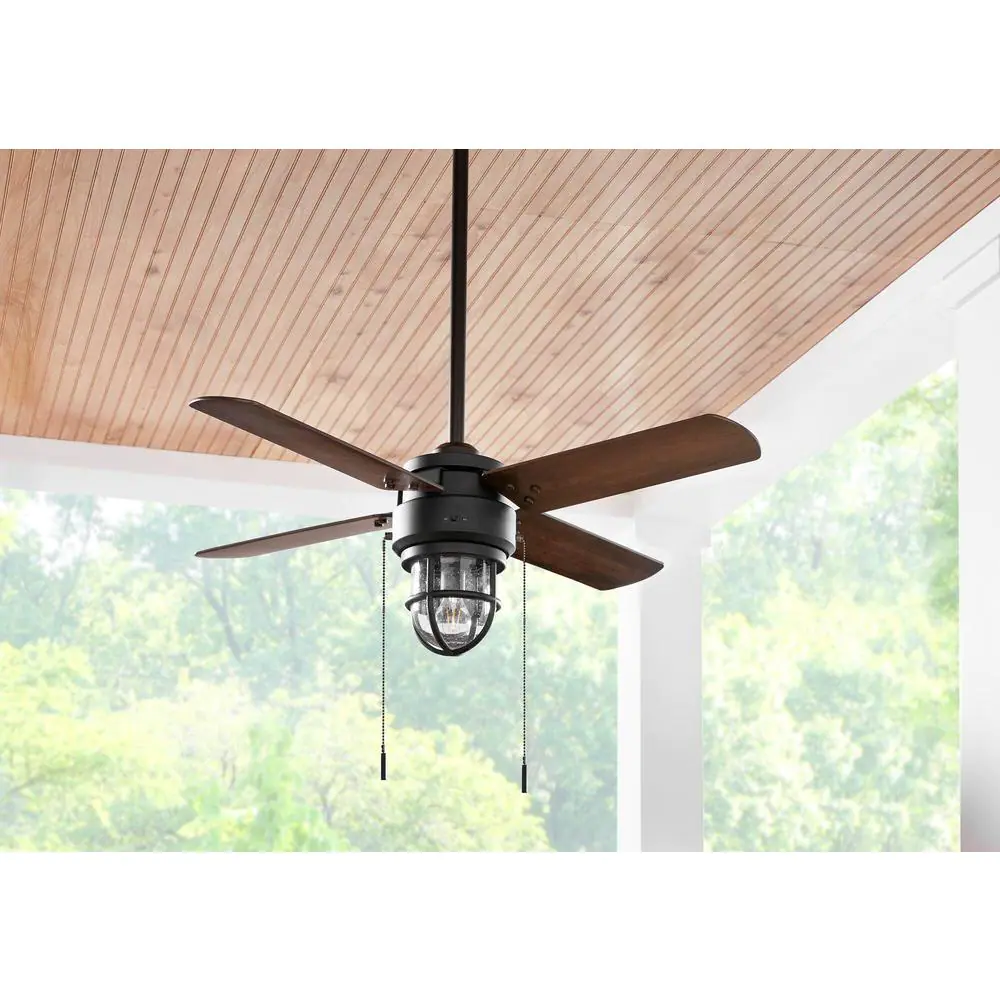 Hampton Bay Cedar Lake 44 in. Indoor/Outdoor LED Matte Black Damp Rated Ceiling Fan with Light Kit, Downrod and 4 Reversible Blades