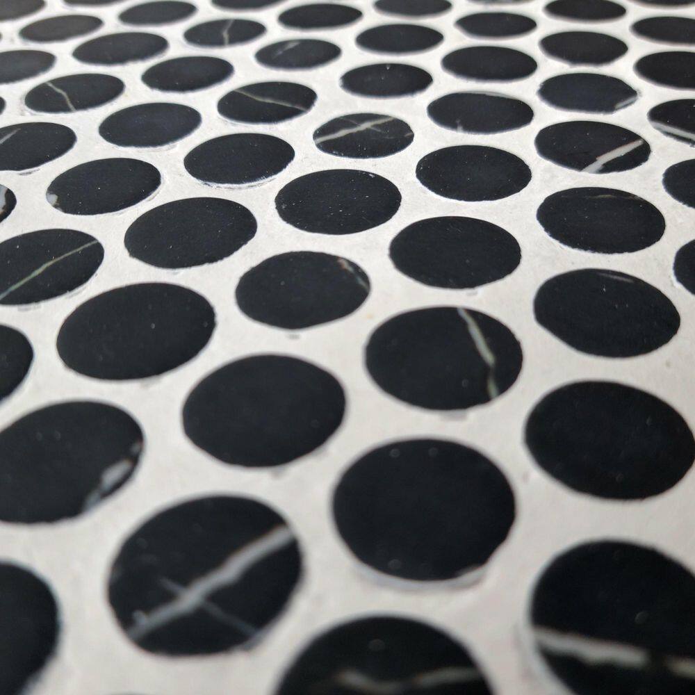 None Black Marquina Penny Round 11.1 in. x 10.4 in. Peel and Stick Backsplash Marble Looks Wall Tile (8.10 sq. ft./Case)