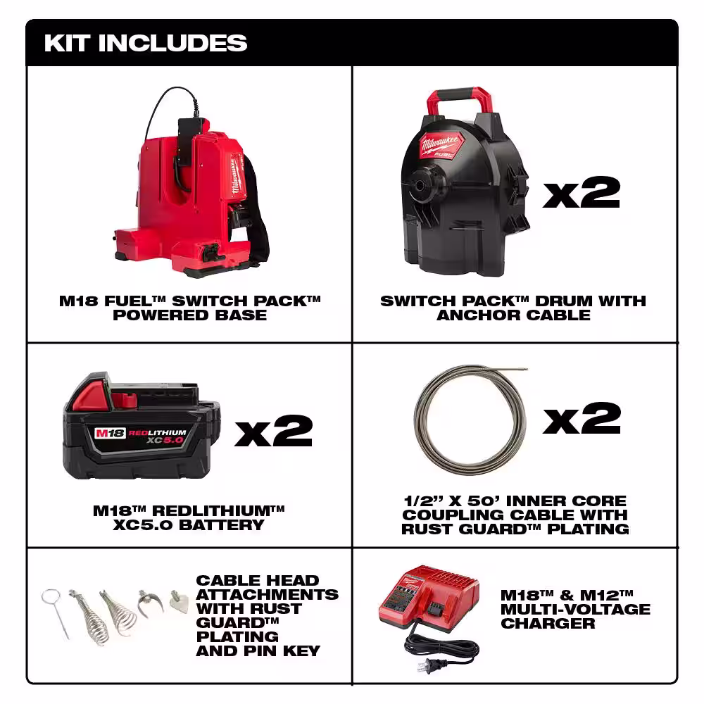 Milwaukee M18 FUEL Cordless Drain Cleaning 1/2 in. Switch Pack Sectional Drum System Kit W/ Bonus 1/2 in. x 50 ft. Cable & Drum