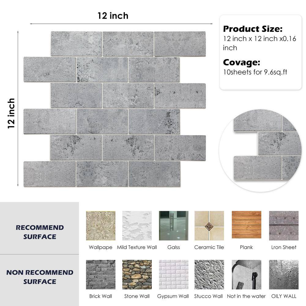 None Subway Collection Concrete Grey 12 in. x 12 in. PVC Peel and Stick Tile (5 sq. ft./5-Sheets)