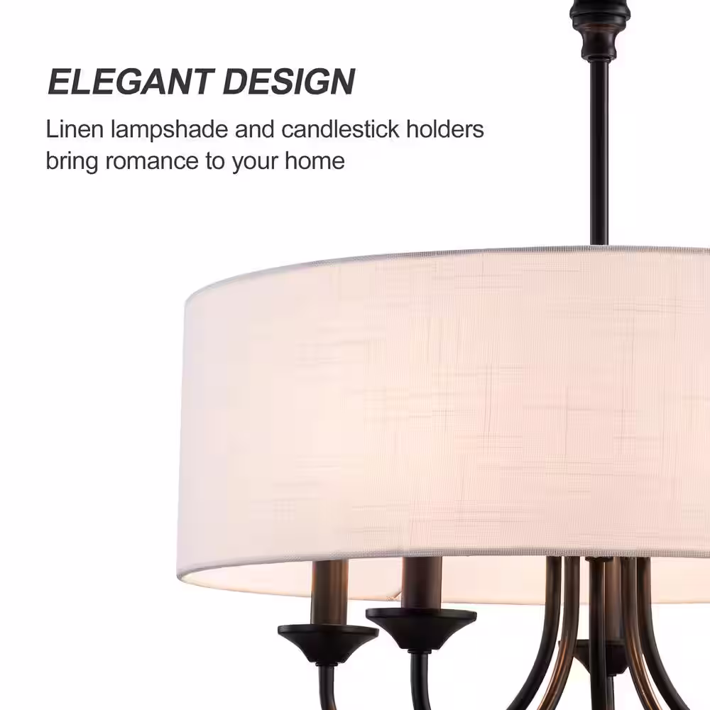 None 5-Light Modern Farmhouse Chandelier, Rustic Candle Ceiling Hanging Light Fixture with Round Linen Shade for Dining Room