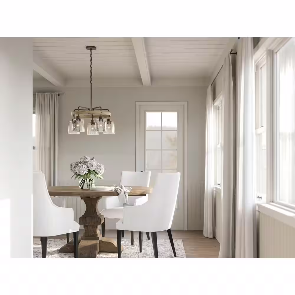 KICHLER Bolson 24 in. 5-Light Black with Distressed Antique White Farmhouse Wagon Wheel Circle Chandelier for Kitchen