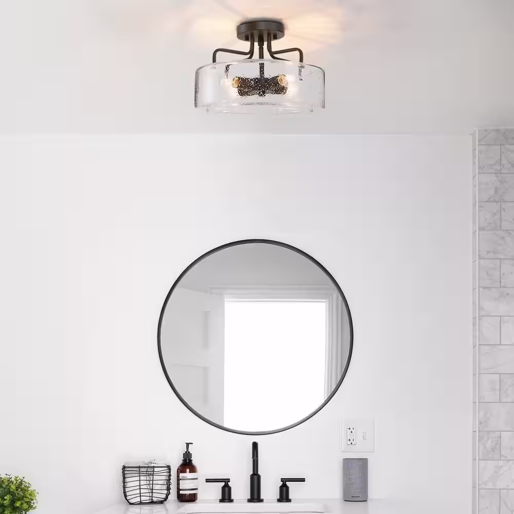 LNC Modern Oil Rubbed Bronze Drum 12 in. 4-Light Semi-Flush Mount Ceiling Light with Seeded Glass Shade