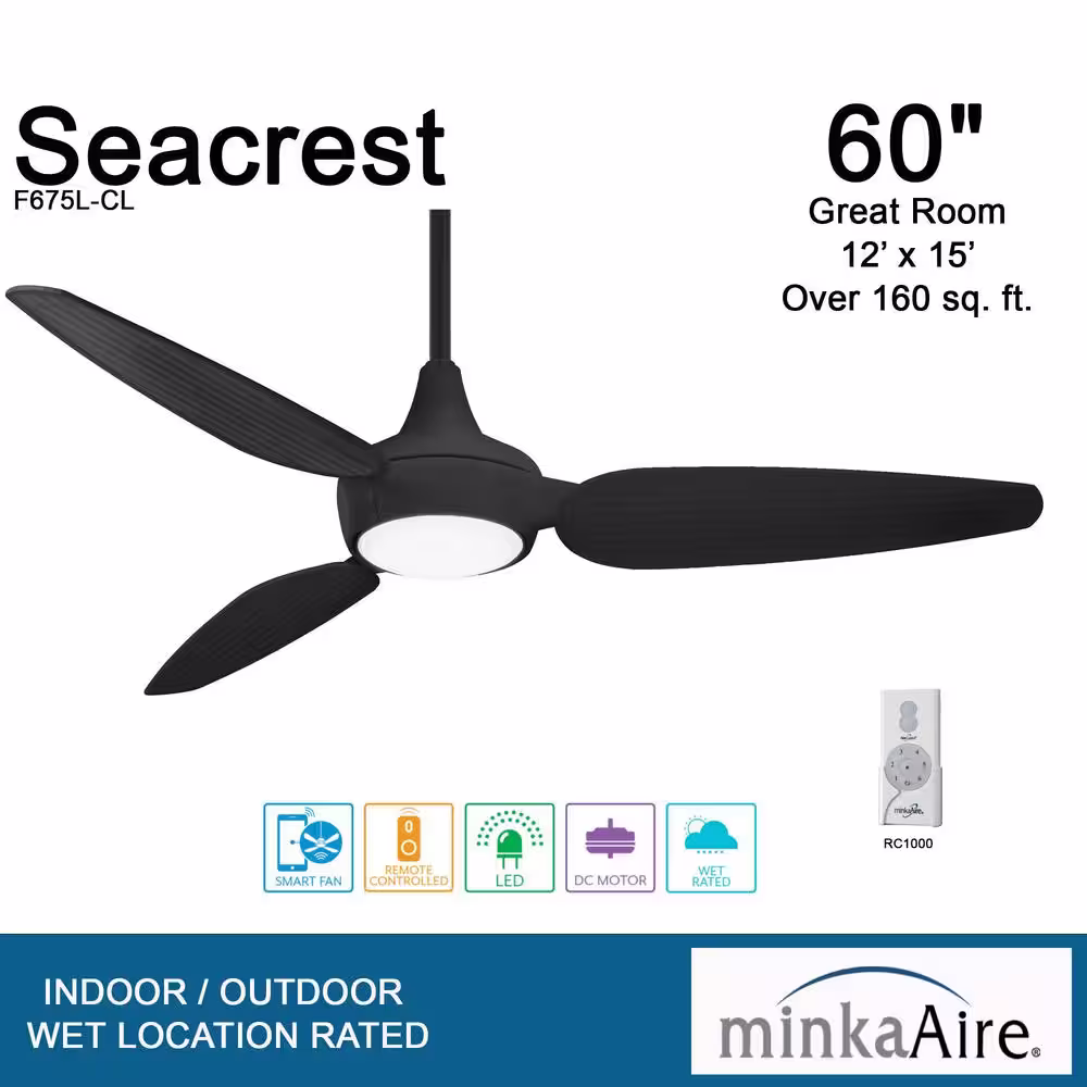 MINKA-AIRE Seacrest 60 in. LED Indoor/Outdoor Coal Smart Ceiling Fan with Light and Remote Control