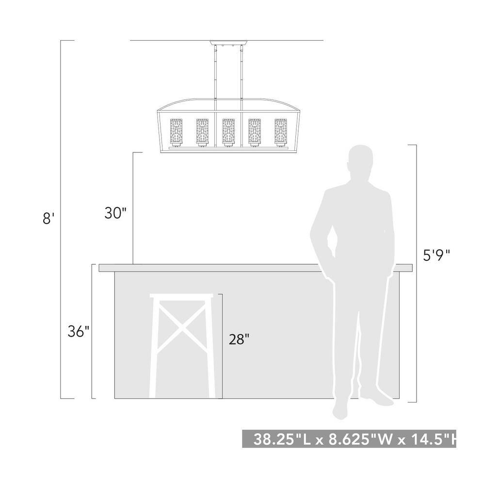 Golden Lighting Mercer 5-Light Linear Pendant in Matte Black with Matte Black Accents and Seeded Glass