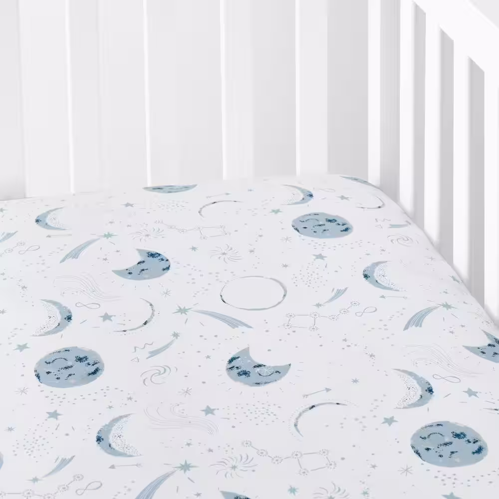 Company Kids by The Company Store Company Kids Night Sky Blue Multi Organic Cotton Percale Crib Sheet