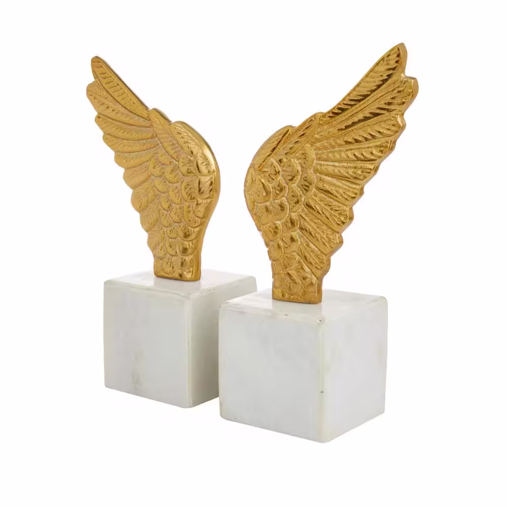 Litton Lane Gold Aluminum Wings Bird Bookends with Marble Base (Set of 2)