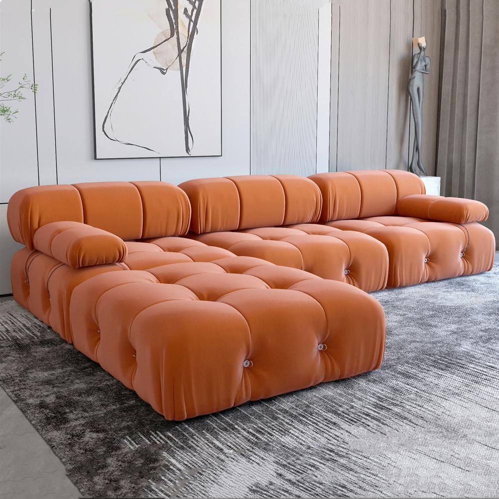 Magic Home 103.95 in. Convertible Modular Minimalist Sofa Free Combination L-Shaped 4 Seater Velvet Sectional with Ottoman, Orange