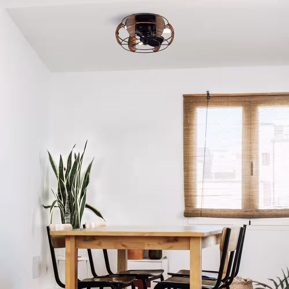 matrix decor 13.6 in. Indoor Matte Black Flush Mount Cage Ceiling Fan with Remote Control and DC Motor, Light Bulbs Included