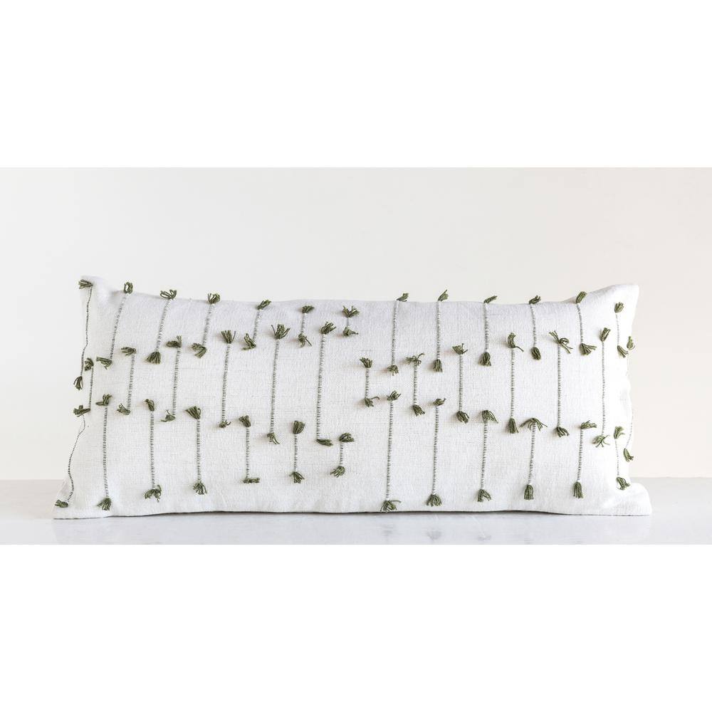 Storied Home White with Green Accents Handwoven Lumbar 36 in. x 16 in. Throw Pillow