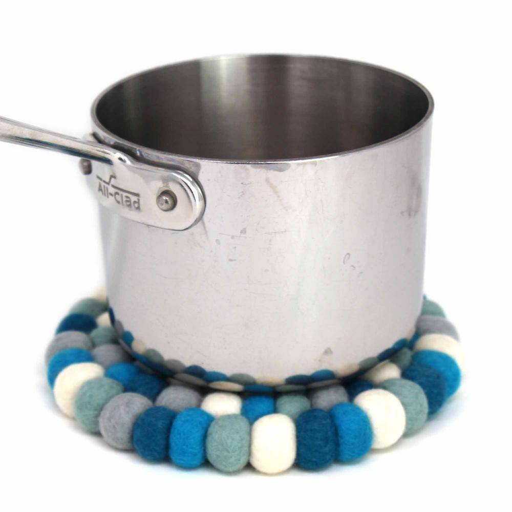 None Round Ice Blue Felt Ball Trivets