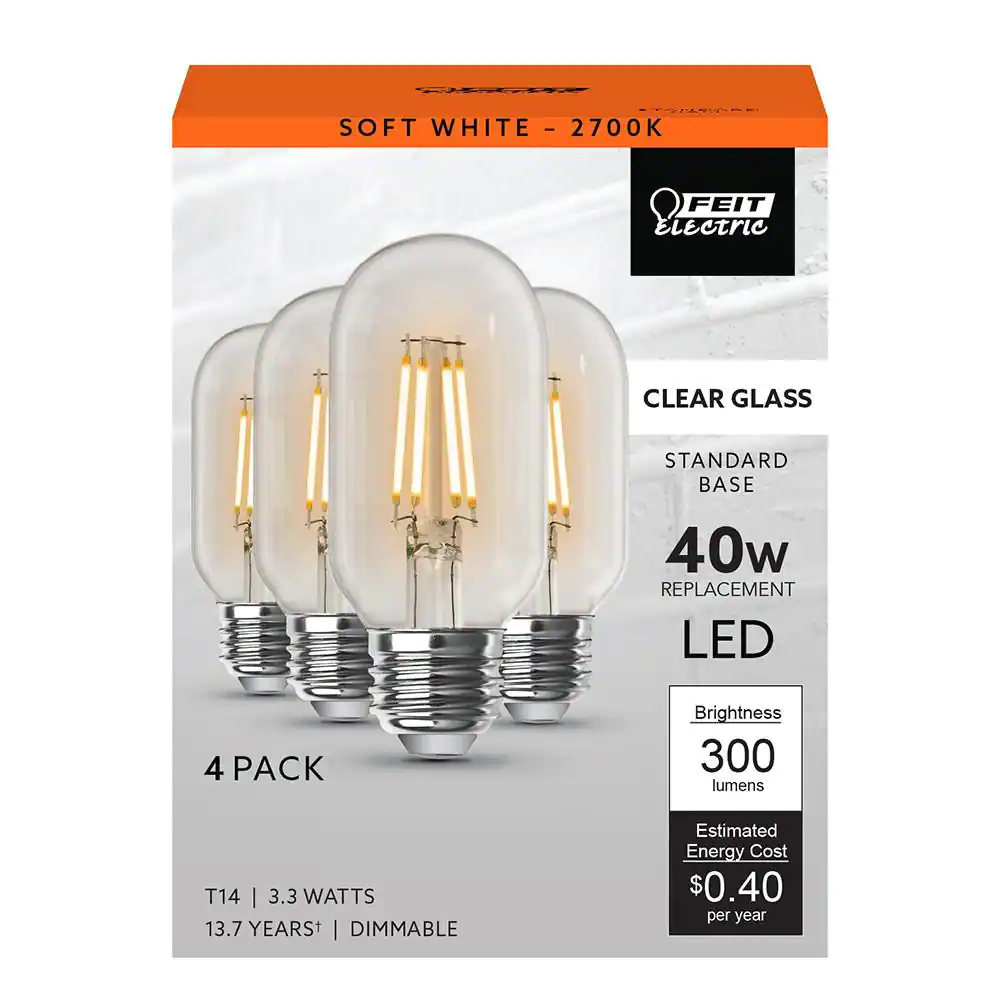Feit Electric 40-Watt Equivalent T14 Dimmable Straight Filament Clear Glass E26 Vintage Edison LED Light Bulb Soft White 2700K(4-Pack)