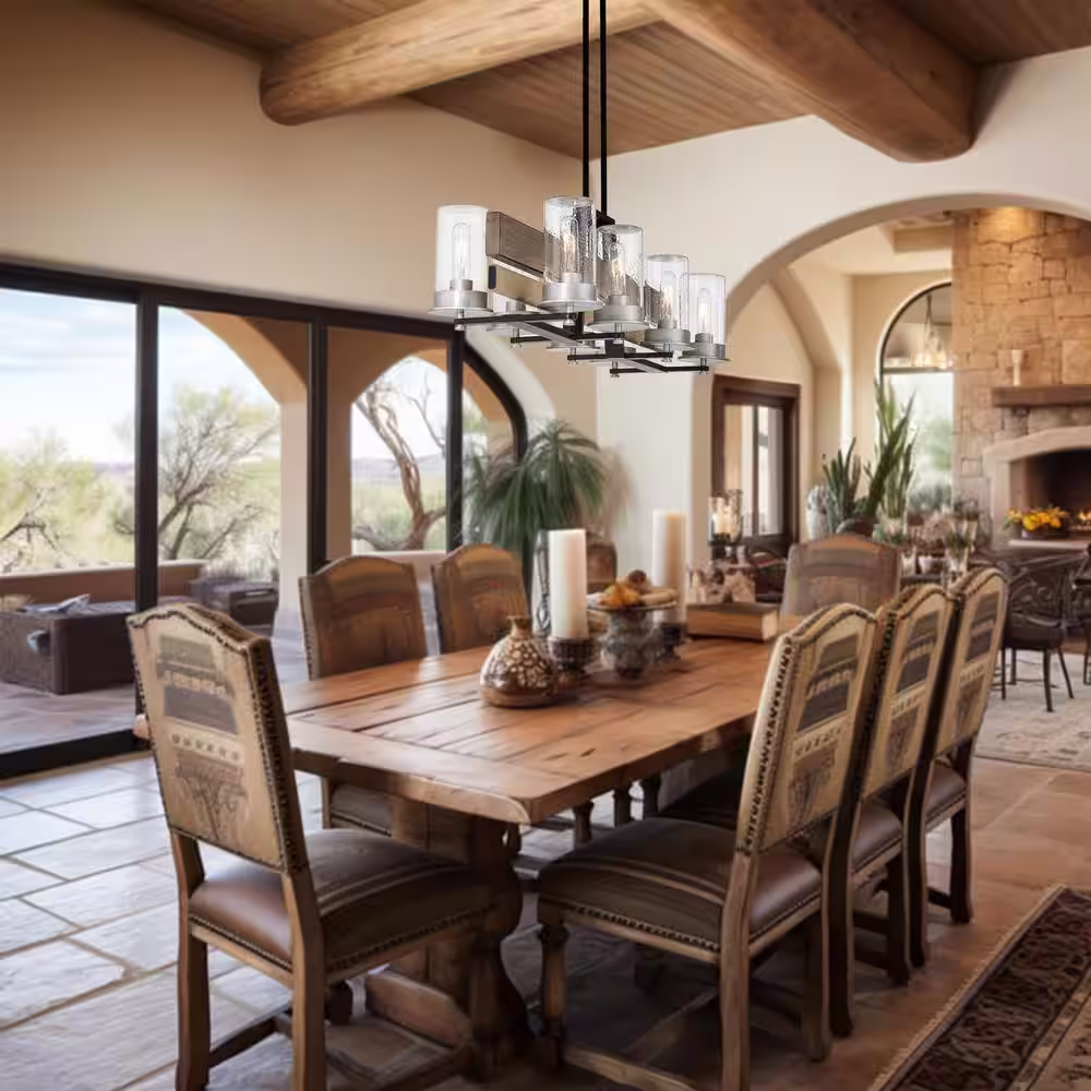 Minka Lavery Silver Creek 8-Light Stone Grey, Coal and Brushed Nickel Outdoor Island Chandelier with Clear Seeded Glass