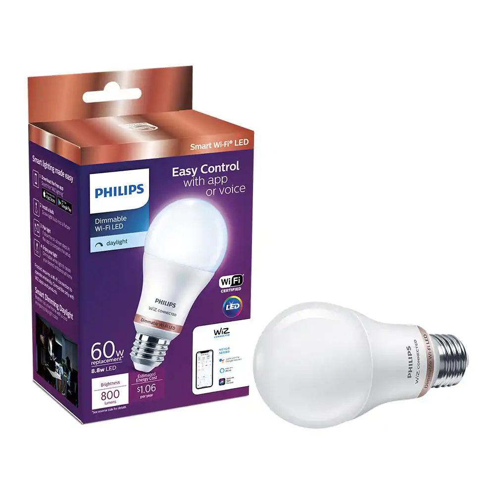 Philips 60-Watt Equivalent A19 LED Daylight (5000K) Smart Wi-Fi Light Bulb powered by WiZ with Bluetooth (1-Pack)
