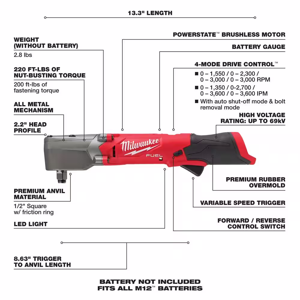 Milwaukee M12 FUEL 12V Lithium-Ion Brushless Cordless 1/2 in. Right Angle Impact Wrench (Tool-Only)