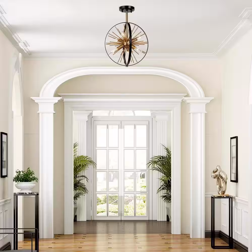 Uolfin Modern Sputnik Ceiling Light 6-Light Black and Brass Globe Semi-Flush Mount Light for Bedroom