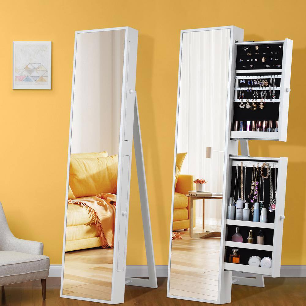 None White Fashion Standing Mirror Jewelry Cabinet with Two Storage Drawer