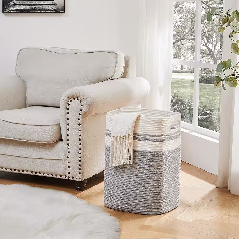 None Cotton Rope Gray Striped Storage Basket