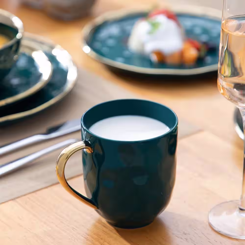 None Sweet 16-Piece Dark Green Golden Edge Stoneware Dinnerware Set (Service for 4)