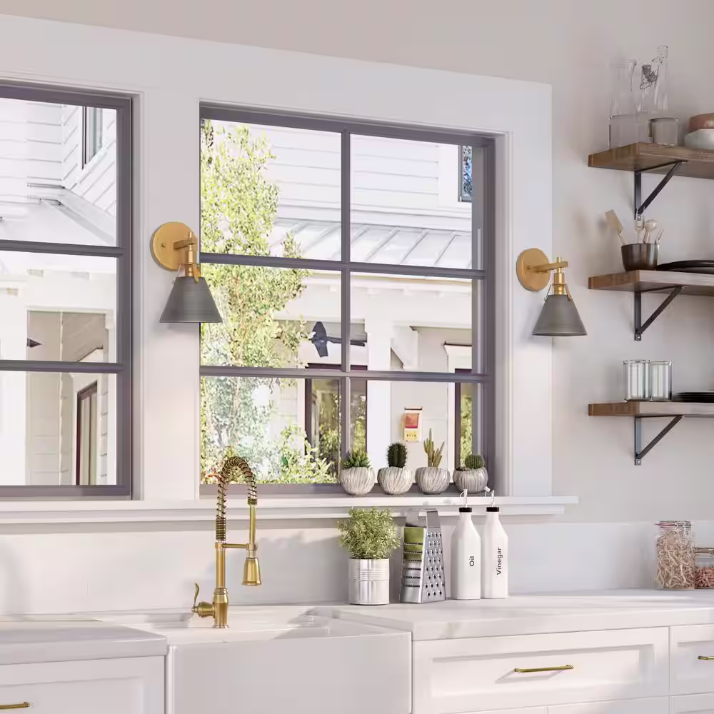 LNC Vintage Gray Mid-Century Bell Wall Sconce with Metal Shade & Brushed Gold Accents, 1-Light Decorative Fixture (2-Pack)