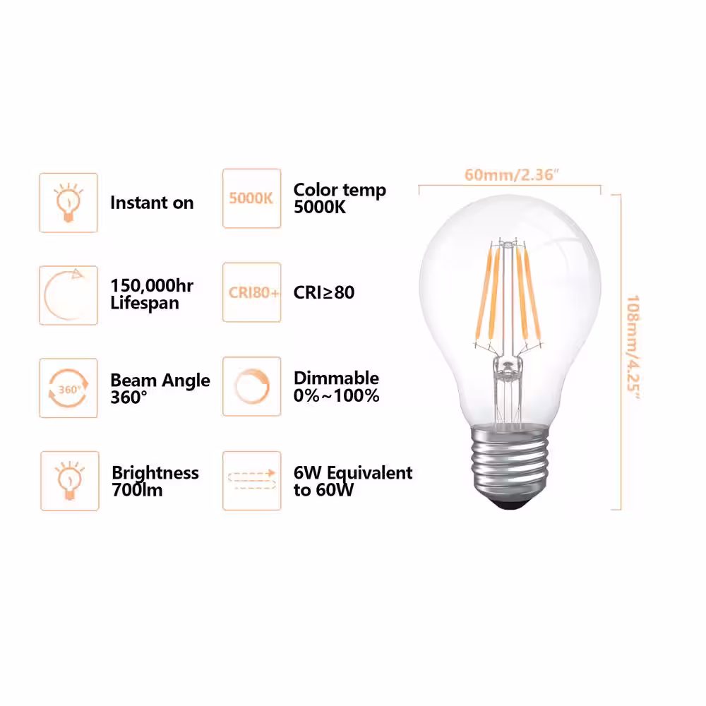 Maxax 6-Watt (60-Watt Equivalent), A19 LED, Dimmable Light Bulb, Daylight E26/Medium (Standard) Base 5000K (Set of 6)