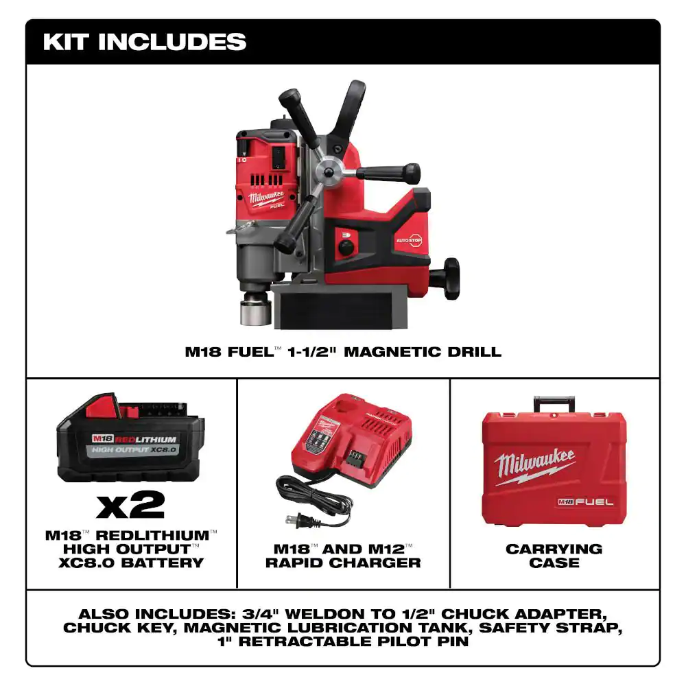 Milwaukee 18V Lithium-Ion Brushless Cordless 3/4 in., 1-1/2 in. Magnetic Drill High Demand Kit with Two 8.0Ah Batteries