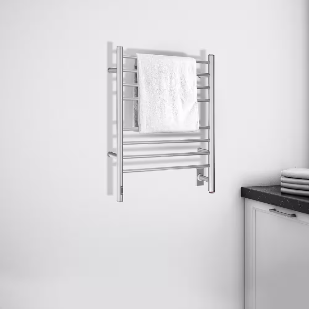 Ancona Prestige OBT 8-Bar Electric Wall Mount Plug-In and Hardwire Towel Warmer with On-Board Timer in Brushed Stainless Steel
