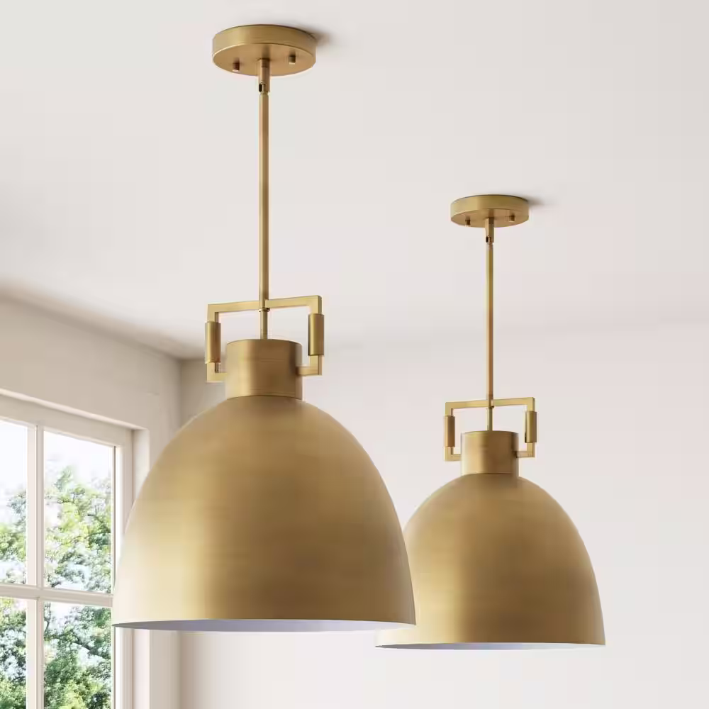 Nathan James 2-Lignt Antiqued Brass Shaded Pendant Light with and Hanging Ceiling Metal Shade Adjustable Cord for Kitchen (2-Set)