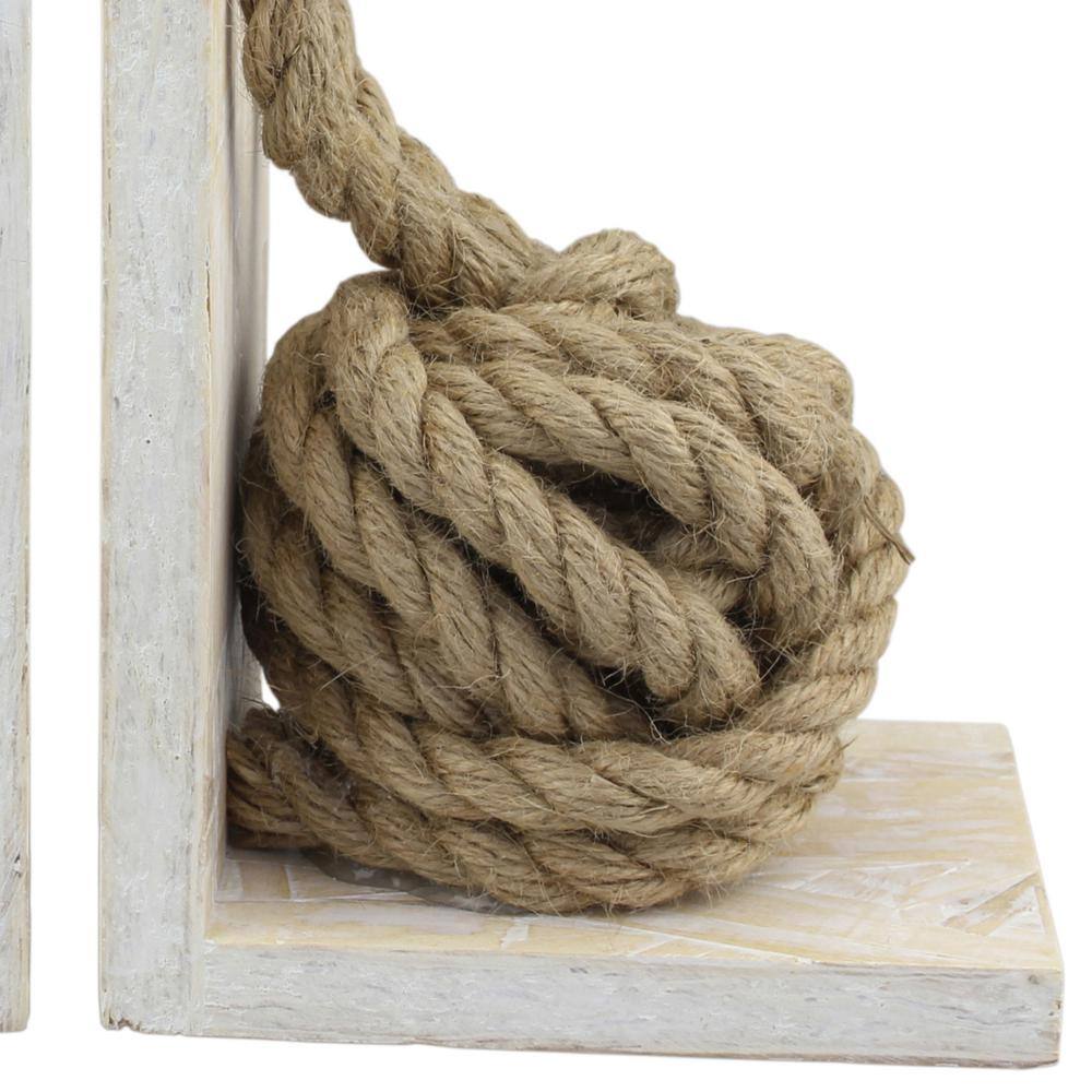 Stonebriar Collection White Wood Bookends with Natural Rope Knots (Set of 2)