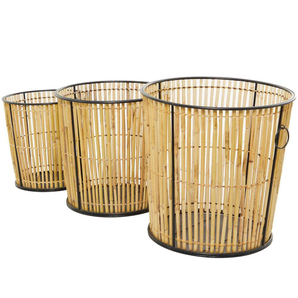 Novogratz Rattan Wood Handmade Slatted Frame Storage Basket with Ring Handles (Set of 3)