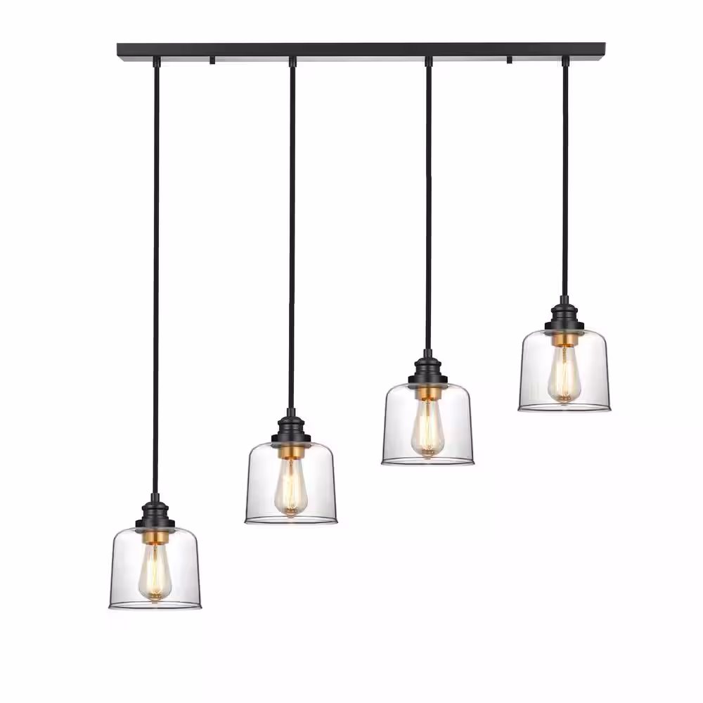 KAWOTI 37 in. 4-Light Bronze Farmhouse Kitchen Island Pendant Light with Drum Glass Shade