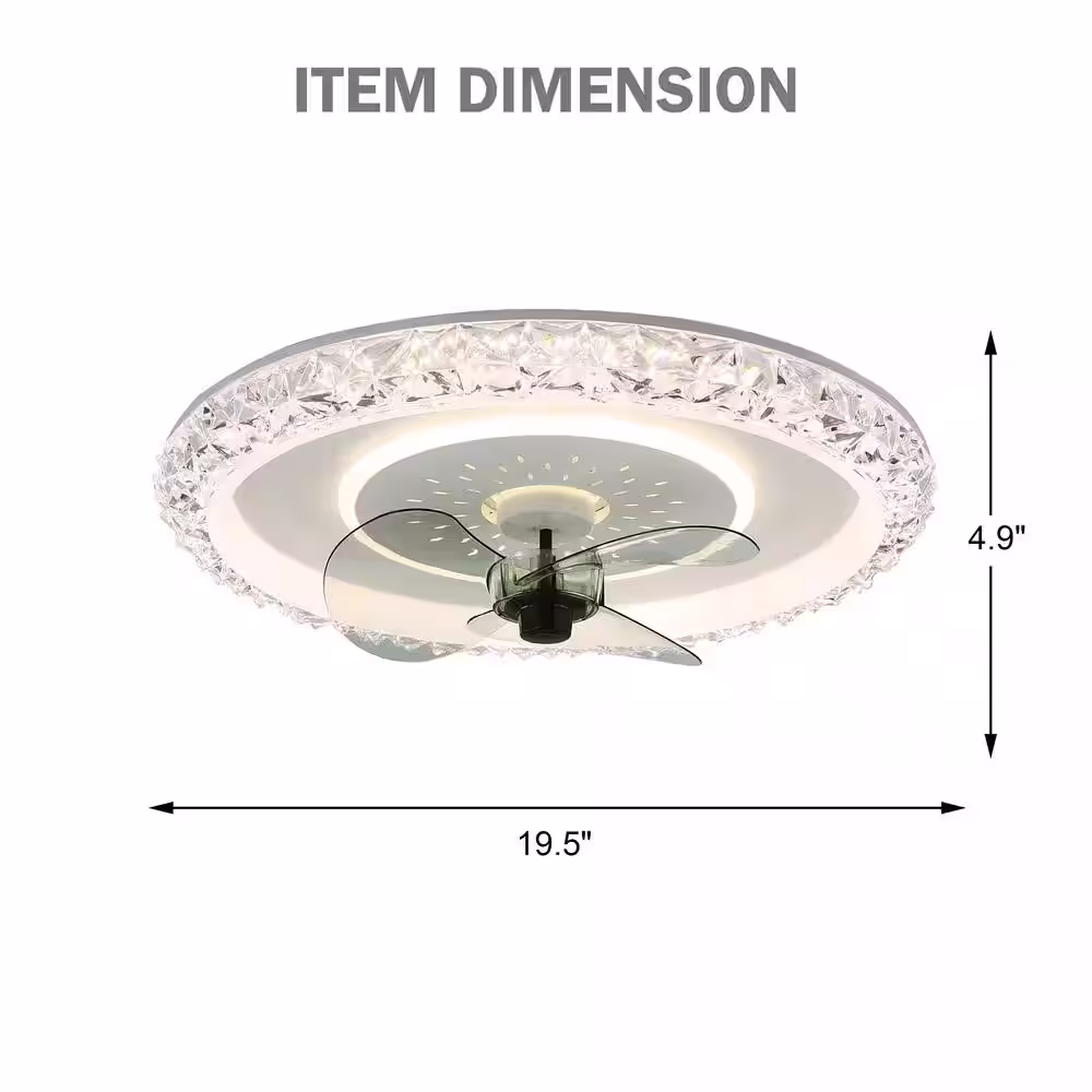 Bella Depot 20 in Indoor Crystal White Ceiling Fan with Integrated LED Light 6-Speed Low Profile Fandelier Smart Remote App