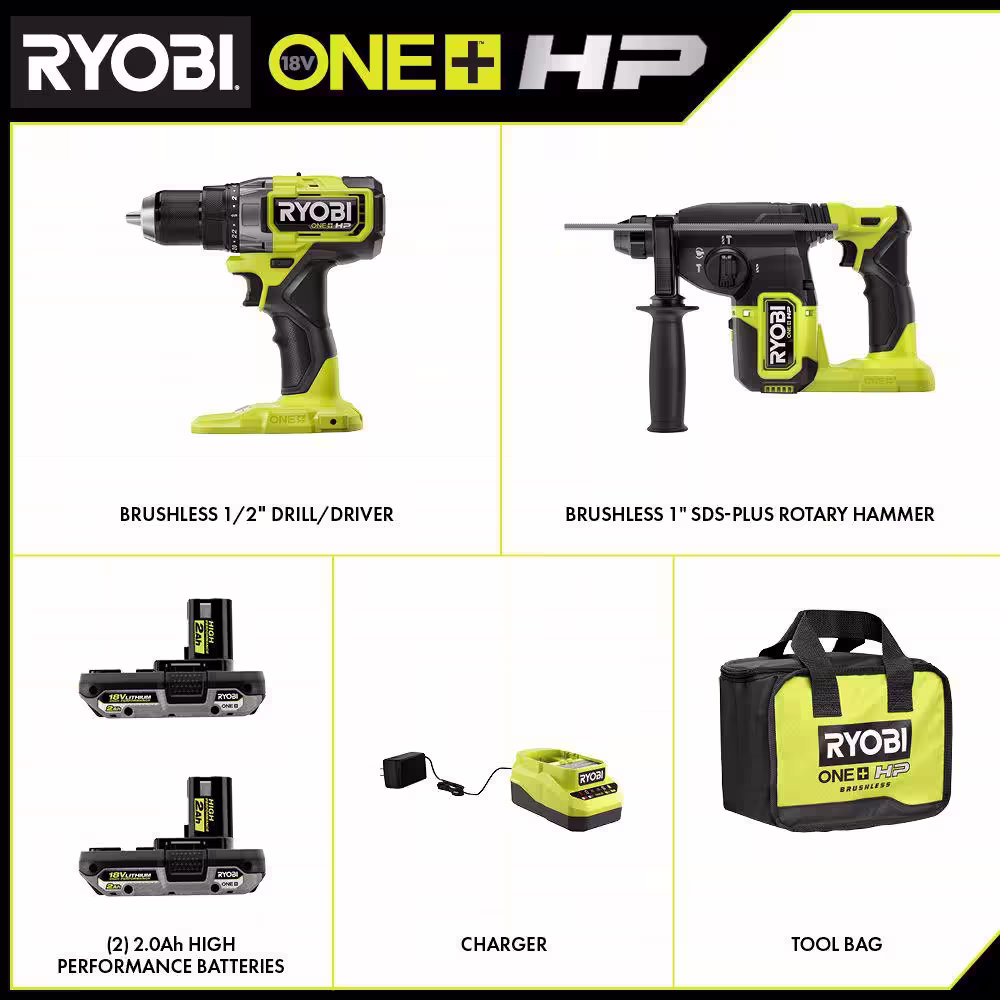 RYOBI ONE+ HP 18V Brushless Cordless 2-Tool Combo Kit w/Drill/Driver, SDS-Plus Rotary Hammer Drill, Batteries, Charger, & Bag