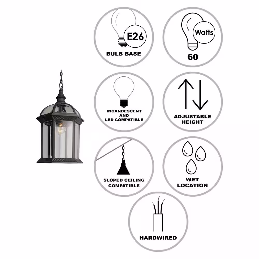 Bel Air Lighting Wentworth 1-Light Black Hanging Outdoor Pendant Light Fixture with Clear Glass