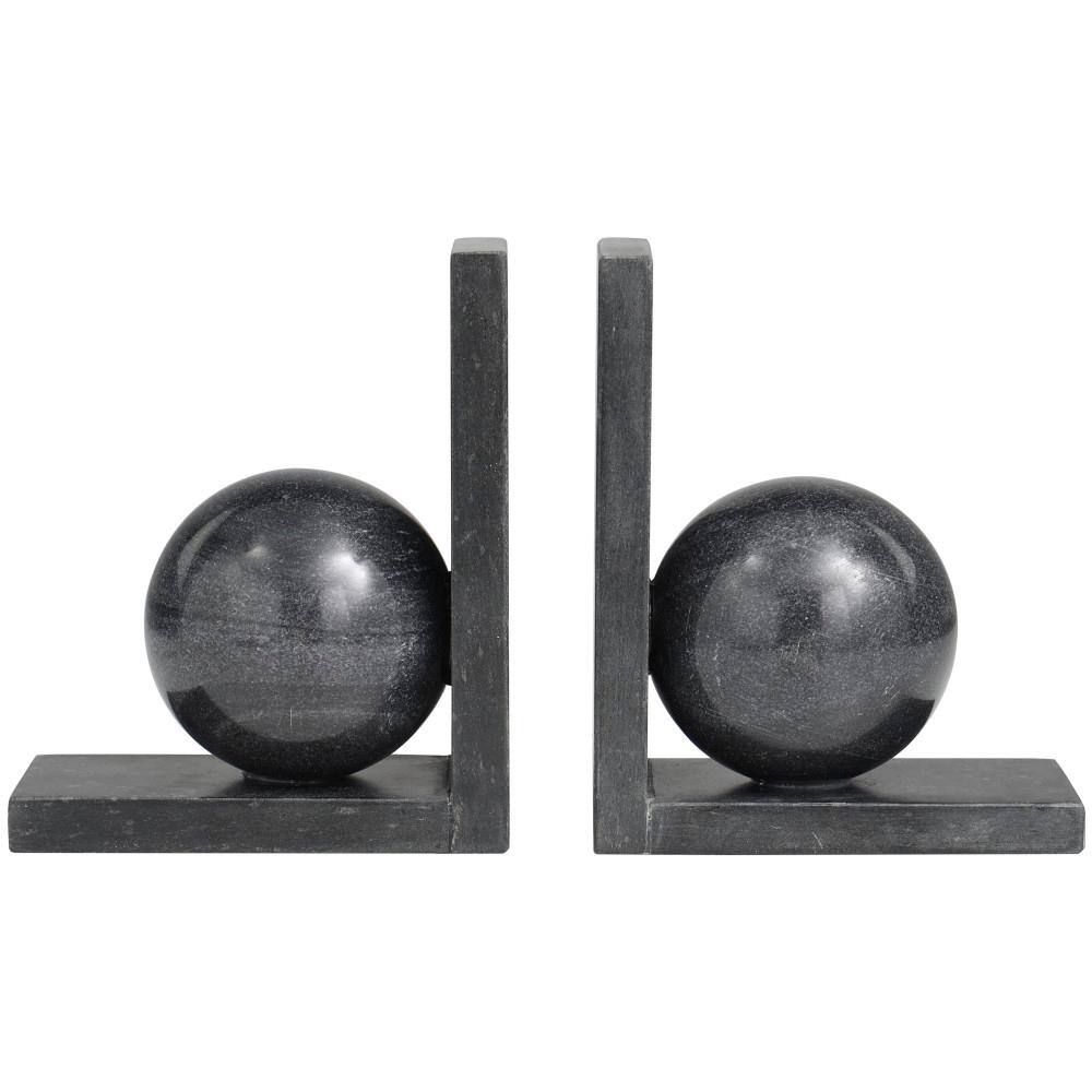 Litton Lane Black Marble Sleek Orb Geometric Bookends with L- Shaped Bases (Set of 2)