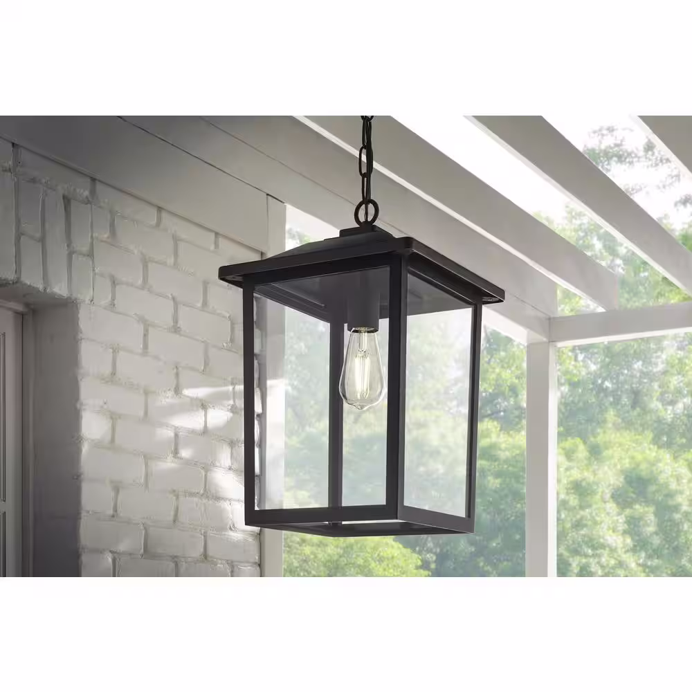 None 1-Light 18 in. Black Hardwired Classic Outdoor Hanging Pendant Light with Clear Glass