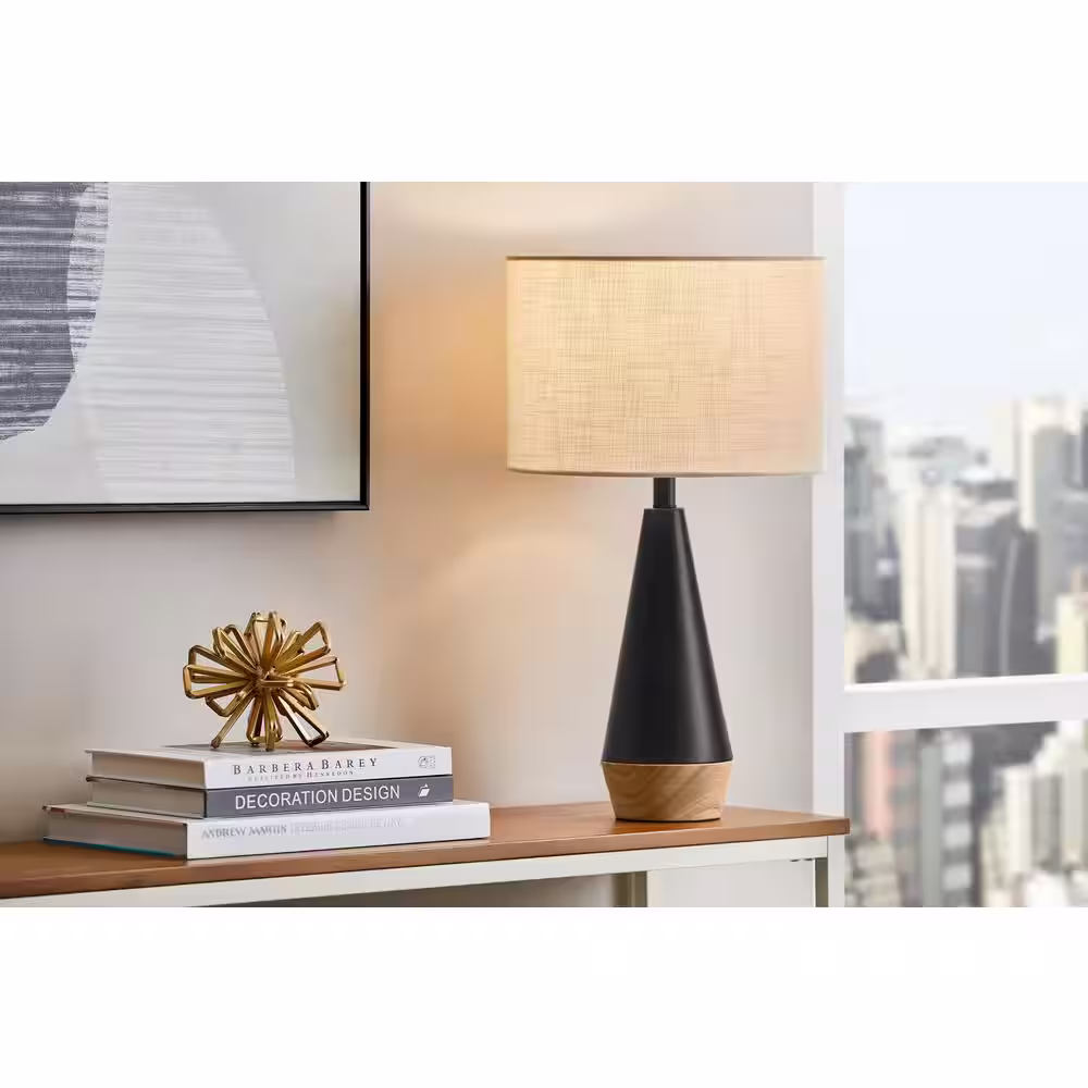 Hampton Bay Keswick 21.25 in. Black and Light Wood Grain Accent Lamp