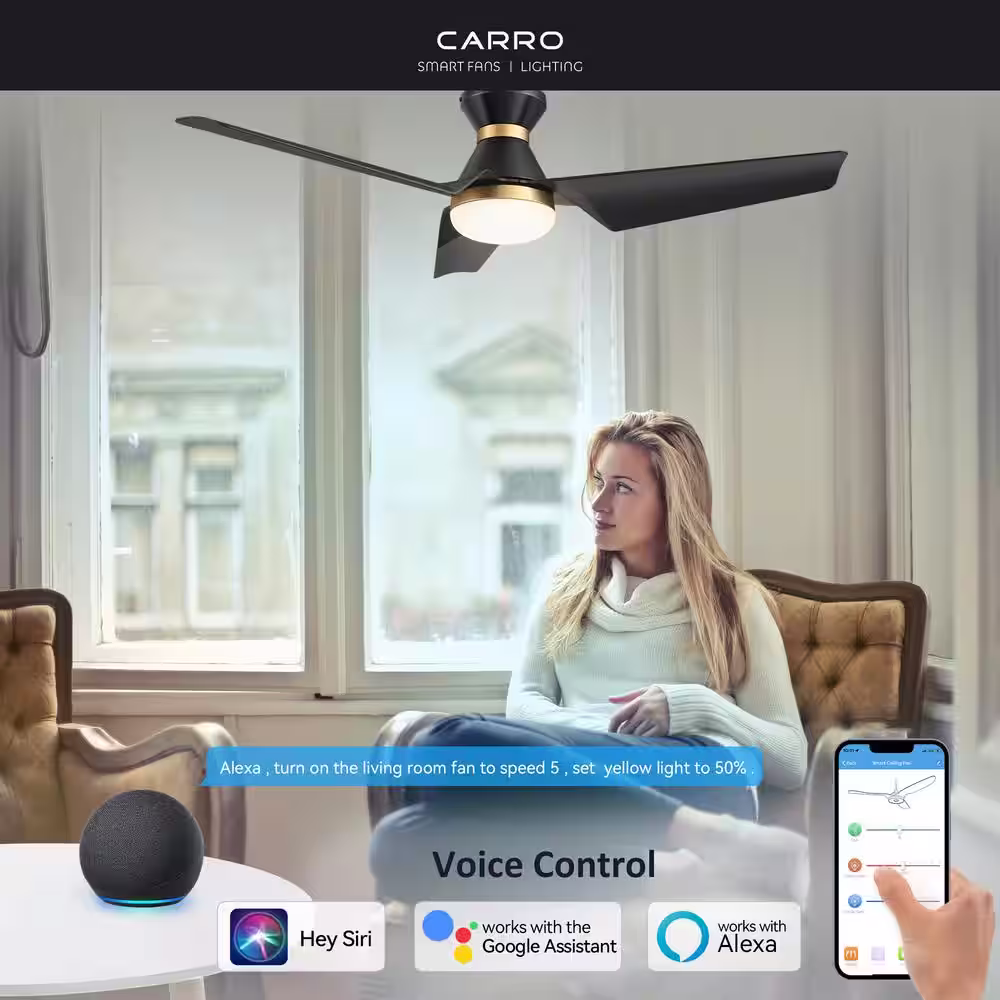 CARRO Jett 52 in. Dimmable LED Indoor Black Smart Ceiling Fan with Light and Remote, Works with Alexa and Google Home