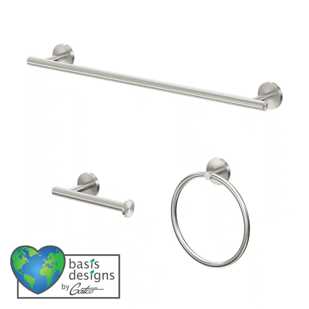 Gatco Level 3-Pieces Bath Hardware Set with 18 in. Towel Bar, Toilet Paper Holder and Towel Ring in Brushed Nickel