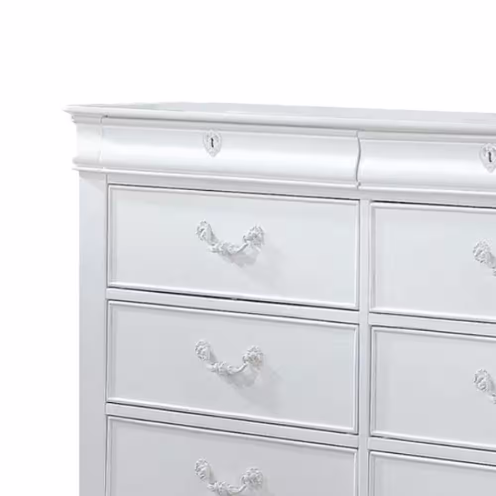 Benjara 8-Drawers White Wooden Dresser with Antique Metal Handles 56 in. L x 15.7 in. W x 37.2 in. H