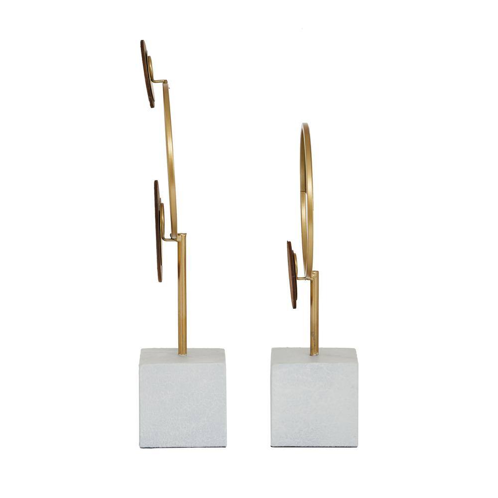 Litton Lane Gold Metal Geometric Sculpture with Wood Accents (Set of 2)