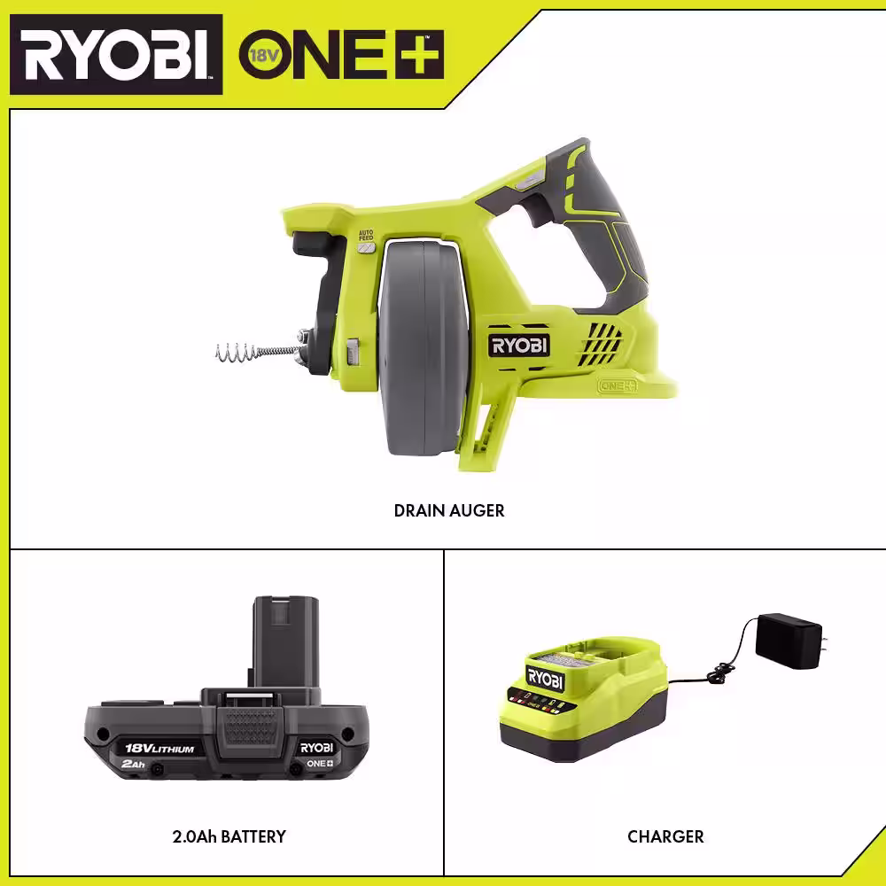 RYOBI ONE+ 18V Cordless Drain Auger and 2.0 Ah Compact Battery and Charger Starter Kit