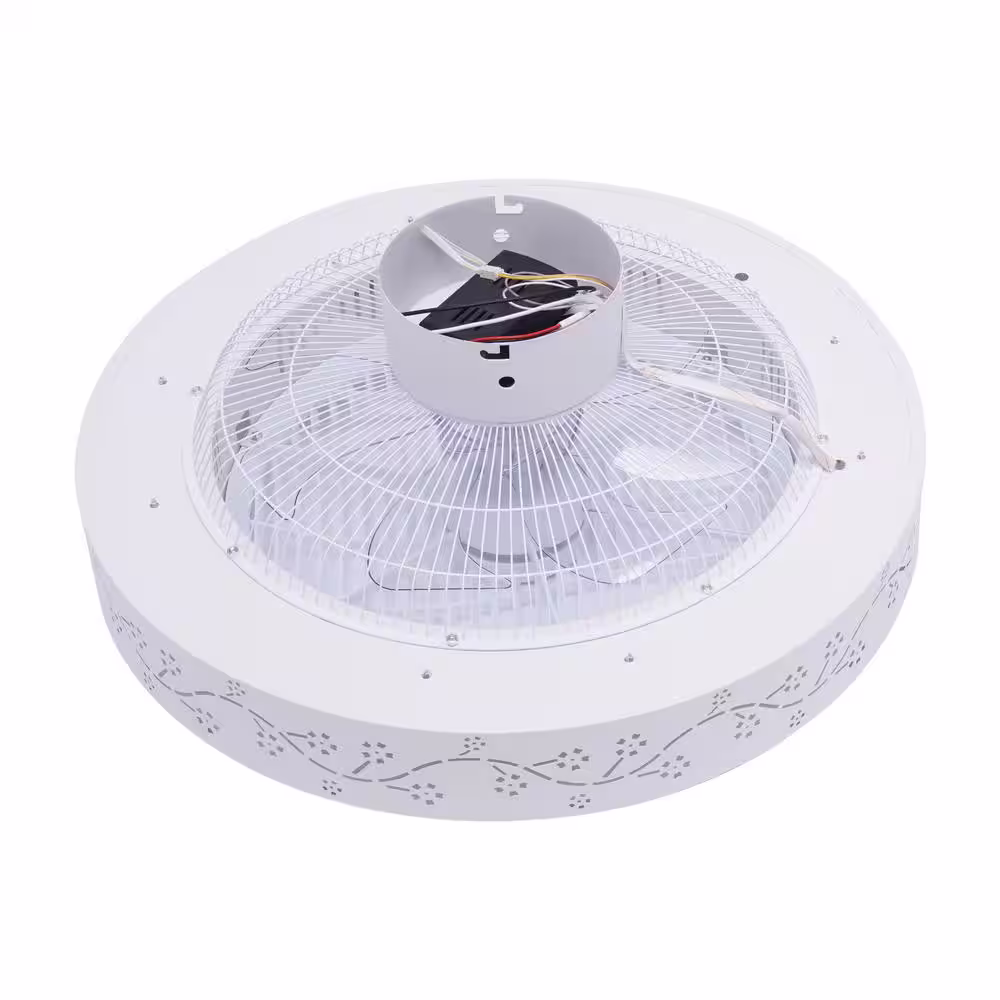 None 21.65 in. Modern Flower Pattern Enclosed Round Integrated LED Indoor White Ceiling Fan with Remote